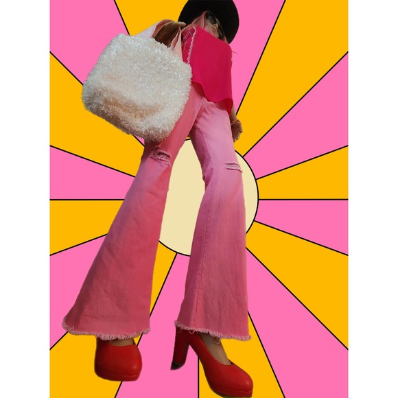 Vintage Pink Bell-bottom Jeans Flare Retro 70's Style Sz L - Picture 3 of 8